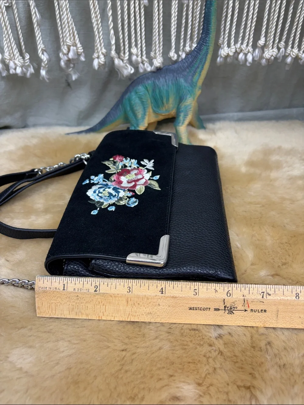 White House Black Market Black Crossbody Bag with Black Suede, Floral Embroidery